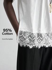 Ontre 2026春夏新款女式T恤，针织面料，蕾丝拼接，度假风，假日休闲，白色直筒短袖圆领上衣，简约优雅都市时尚百搭，适合通勤、教师户外夏季度假、休闲海滩、婚礼宾客长款上衣、派对聚会、浪漫约会等场合，舒适宽松面料，时尚流行女式T恤 - 白色 - 查看 4