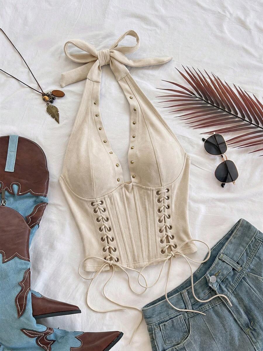 Soleia 女士秋冬天鹅绒露背系带装饰V领无袖上衣，适合假日、约会、下午茶、度假、音乐节、波西米亚风、海滩等场合。 - 杏色 - 查看 1