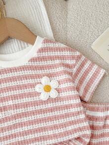 SHEIN Bộ áo thun cổ tròn kẻ sọc hoa hướng dương cho bé gái sơ sinh/trẻ nhỏ - Hồng - Xem 6