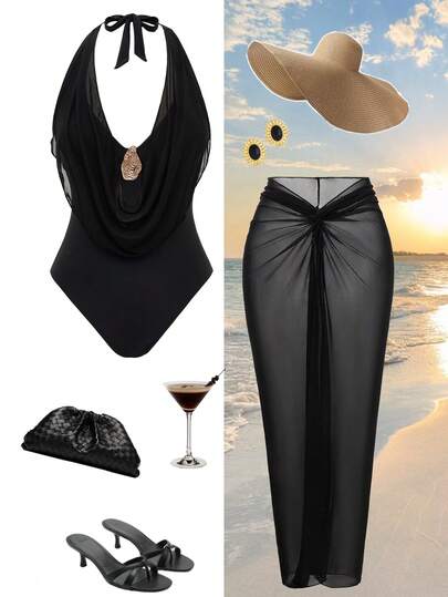 Swim Oasis Bộ jumpsuit hở lưng mới dành cho nữ, kiểu dáng thanh lịch, giản dị, cổ yếm đính kim loại với lớp phủ ngoài.