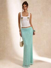SHEIN BAE Women's Blue Sequin Sheer Vacation Skirt - Blue - View 4