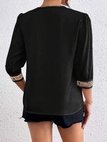 SHEIN LUNE V-Neck Floral Trim Satin Blouse - Black - View 2