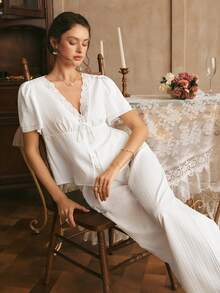 Bộ đồ ngủ nữ tay ngắn kiểu Pháp tối giản, tươi mới, lãng mạn, thêu ren, phối nhiều mảnh. - trắng - Xem 4