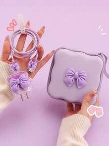 6pcs Cute Bow Candy Color Cable Protector Case, Data Cable Organizer Bag, Digital Accessories Storage Box, Anti-Drop Zipper Pouch, Compatible With 20W Fast Charger - Multicolor - View 16