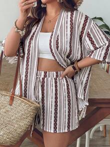 SHEIN VCAY 度假休闲复古几何花卉图案宽松加大码女式衬衫短裤两件套，适合夏季穿着 - 彩色 - 查看 6