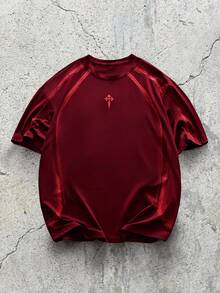 男士十字印花休闲宽松圆领短袖T恤 - 酒紅色 - 查看 1