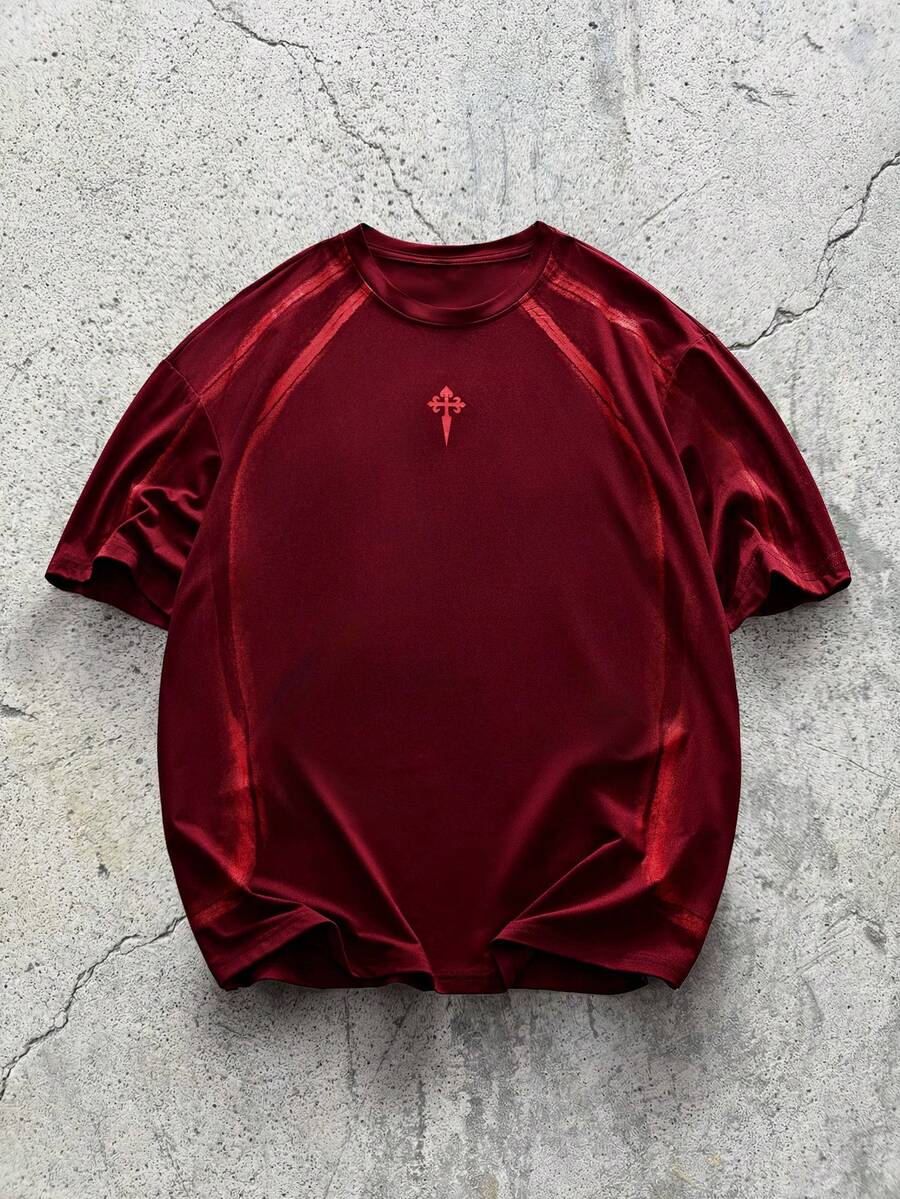 男士十字印花休闲宽松圆领短袖T恤 - 酒紅色 - 查看 1