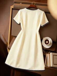 Franclia Đầm tay ngắn cổ tròn kiểu Pháp thanh lịch cỡ lớn dành cho nữ - Màu be - Xem 2