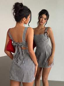 Aloruh Woman Dress Ladies DressesLadies' Plaid Vacation Dress - Black and White - View 2