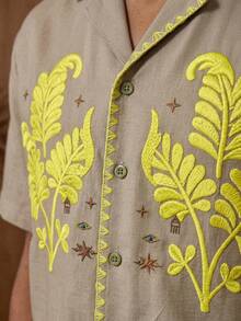 AKNOTIC 男士葉片刺繡圖案休閒短袖襯衫，卡其色，夏季，優雅獨特，度假、假日復古圖案度假風襯衫 - 綠色 - 查看 3