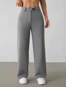 SHEIN PETITE Quần thời trang màu trơn cho nữ, phù hợp cho mùa hè - Xám - Xem 5