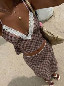 Aloruh Áo hai dây nữ kiểu dáng mới, thanh lịch, ngọt ngào, dễ thương, gợi cảm màu nâu kẻ caro phối ren hở lưng. - màu nâu - Xem 11