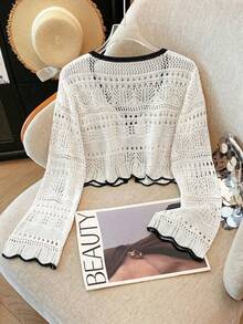 Franclia 新款纯色镂空钩编蕾丝轻薄开衫，女士百搭外套 - 黑與白 - 查看 3