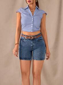 SHEIN Low Waist Regular Fit Medium Blue Snow Wash Casual Style Button Front Denim Short - Medium Wash - View 5