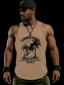 GymBeat Áo tank top thể thao mùa hè cổ tròn in chữ và cây cỏ - Màu Khaki - Xem 1