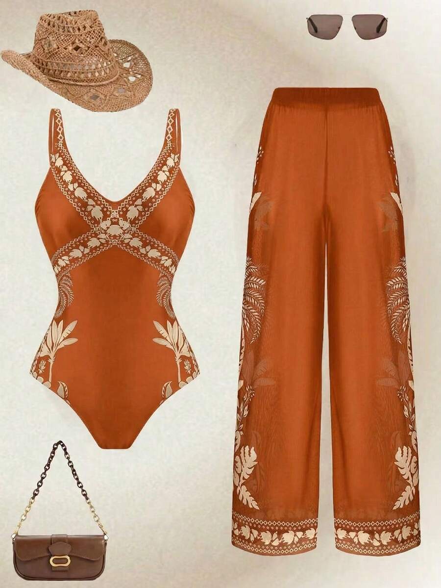 Swim Oasis 女士两件式印花泳衣,性感甜美浪漫海滩/派对套装,连体泳衣,女士度假套装,女士海滩派对套装,女士夏季套装 - 橘色 - 查看 1