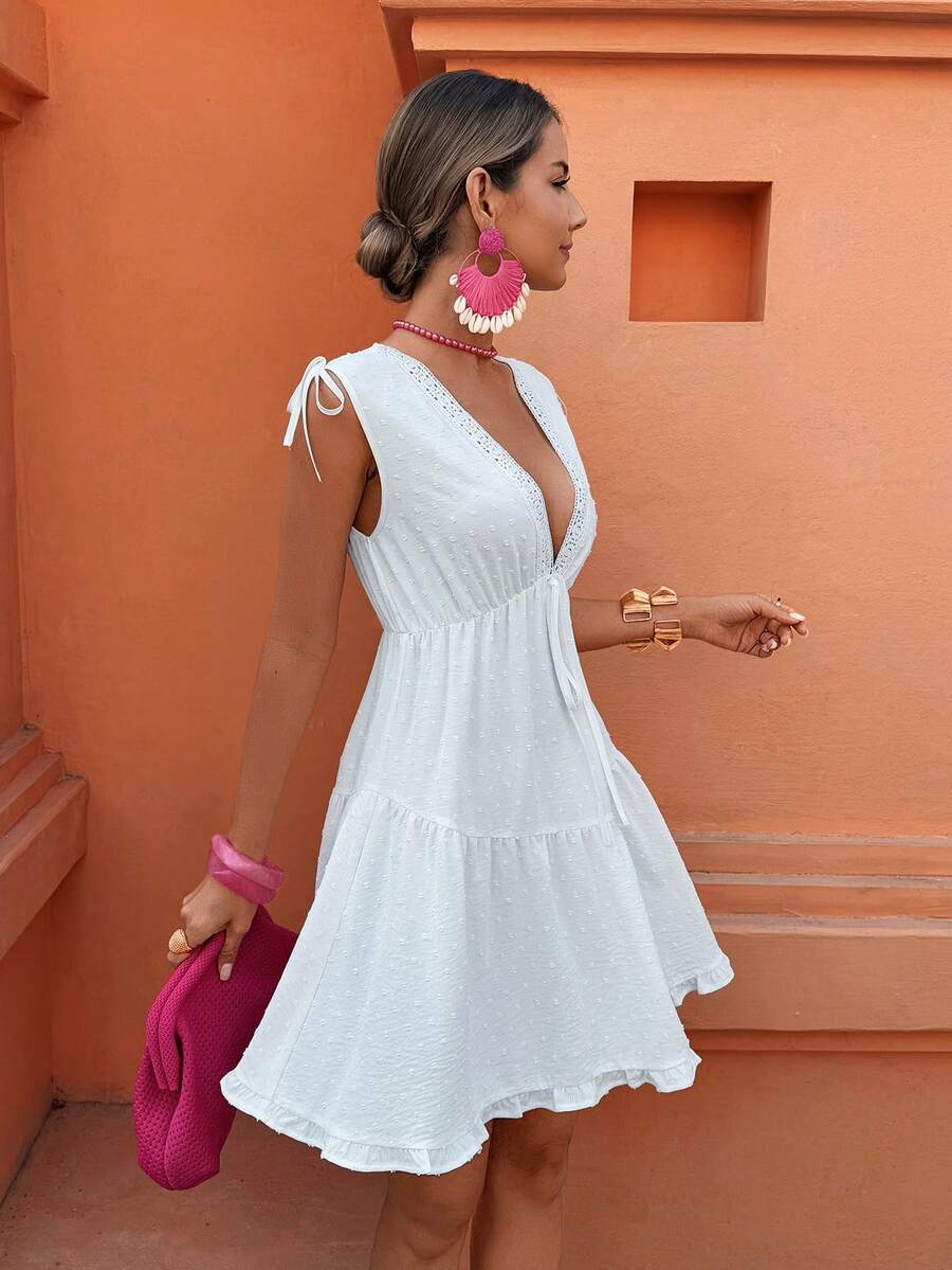 Selianne 1 pièce Robe décontractée pour les vacances et le travail, avec texture jacquard, volants décoratifs et taille cintrée, coupe évasée, pour le printemps/été - Blanc - Voir 1