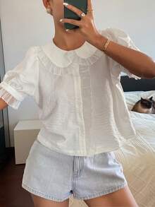 DAZY 彼得潘领拼接荷叶边宽松短款公主袖休闲度假女式衬衫 - 白色 - 查看 3