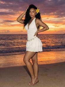 BamGleam Women's Spring/Summer Beachwear Jacquard Mesh Sleeveless Halter Waist Ruffle Hem Vacation Dress & Cover-Up - Apricot - View 1