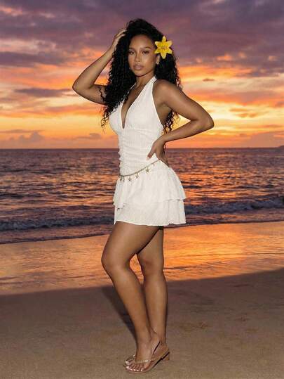 BamGleam Women's Spring/Summer Beachwear Jacquard Mesh Sleeveless Halter Waist Ruffle Hem Vacation Dress & Cover-Up