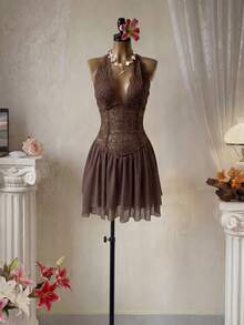 Glamine Đầm ren hở lưng cổ yếm thanh lịch, gợi cảm dành cho nữ, thích hợp cho mùa hè. - Màu tím - Xem 3