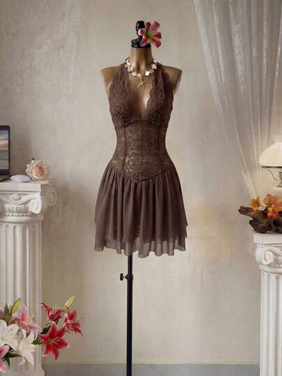 Glamine Charm Women's Elegant Sexy Lace Patchwork Backless Halter Dress, Summer