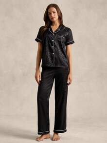 EverLounge Jacquard Shawl Collar Cardigan Women Pajama Set - Black - View 3