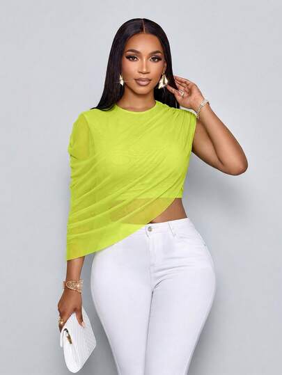 SOLERSUN 女士优雅纯色单肩褶皱不对称透视网纱上衣 – 轻盈透气，适合春夏穿着，是海滩度假、音乐节和派对的理想之选