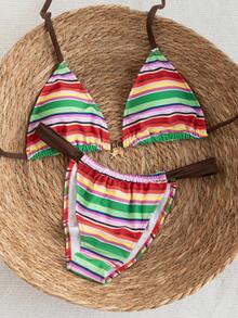 Swim Mod 2pcs/Set Women's Summer Beach Vacation Swimsuit, Cute Random Floral & Stripe Print Triangle Top With Tie And Bikini Bottom, Ladies Swimwear Set - Multicolor - View 4