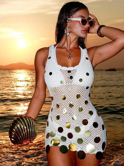  SHEIN Swim Chiccia Women's Summer Solid Color Hollow Out Sequin Round Neck Sleeveless Hollow Out Knit Cover Up Dress, Sexy Vacation Beach Swimsuit Cover Up Dress, Ibiza Bohemian Festival Party Vintage Outfit, Suitable For Outings, Concerts, Parties, Clubs, Dates, Vacations, Beach, Garden Weddings