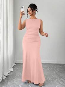 Elenzga Women's Elegant Sleeveless Round Neck A-Line Dress, Waist Ruched Design, Solid Knit Fabric - Pink - View 1