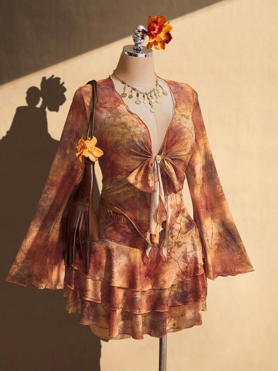 SHEIN ICON 女款大尺碼棕色秋季傳統性感波西米亞風 90年代電音派對度假演唱會復古 Y2K 蝴蝶結喇叭袖上衣與蛋糕裙 2件套 - 彩色 - 查看 1