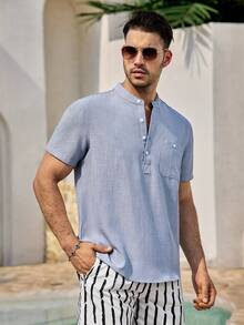 Mercer Haus Men Solid Casual Short Sleeve Shirt, Summer Vacation , Suitable For Summer Tropical Holiday Vacation In Hawaii. - Blue - View 1