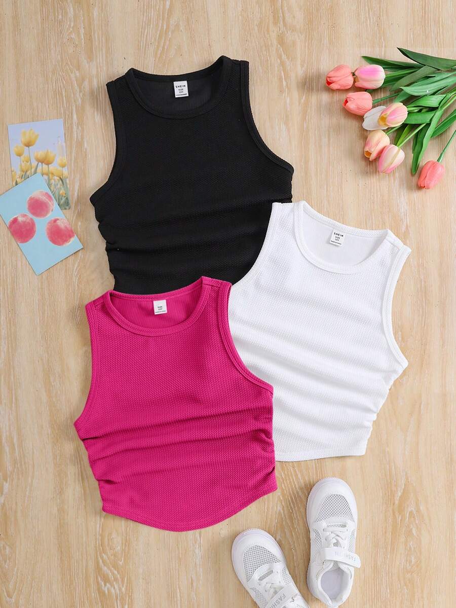 SHEIN Tween Girl Solid Color Knit Mock Neck Fitted Casual Cropped Tank Top 3 Pieces Set - Multicolor - View 1