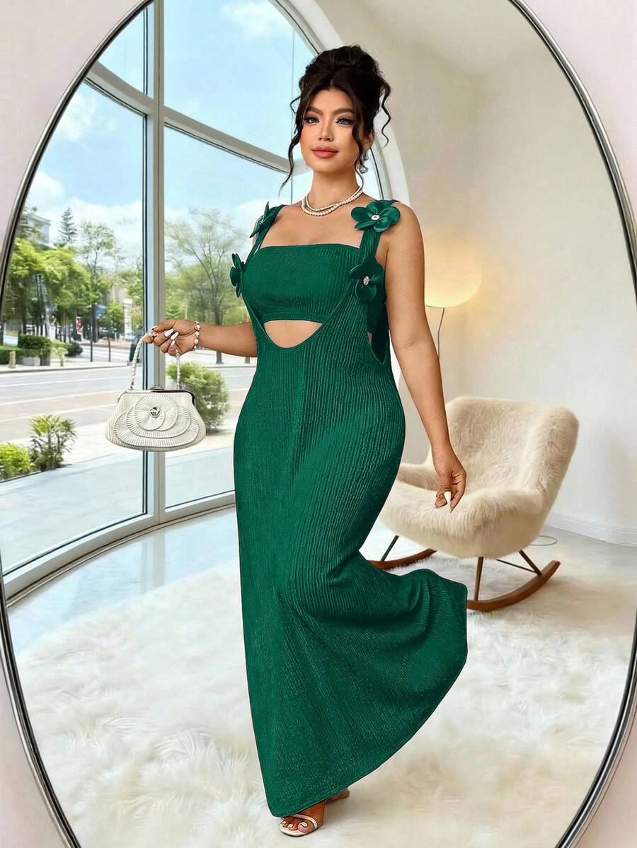 Elenzga 大码褶皱纹理针织面料肩带3D立体花卉装饰粗肩带长款连衣裙+修身短款吊带背心两件套，优雅适合外出、约会、派对、度假、下午茶等场合。 - 墨綠色 - 查看 1