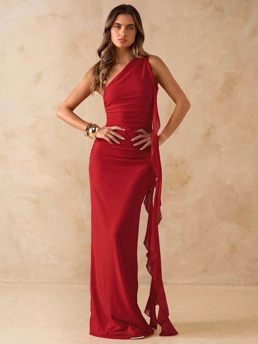SHEIN BAE Vestido largo con volantes asimétricos, espalda descubierta y tela de malla, elegante vestido de playa para vacaciones, primavera/verano - Rojo - Ver 1