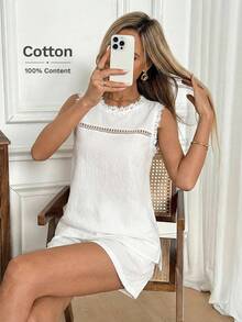 Easowa 100%纯棉圆领蕾丝拼接无袖衬衫搭配松紧腰阔腿短裤，A字休闲宽松优雅通勤度假套装，女士春夏款 - 白色 - 查看 1