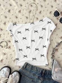 Áo croptop dệt kim màu trắng dành cho nữ tuổi teen, kiểu dáng tối giản, họa tiết chấm bi, dáng bất đối xứng, xếp ly, thích hợp cho mùa xuân/hè, phong cách thường ngày, cá tính. - Nhiều màu - Xem 2