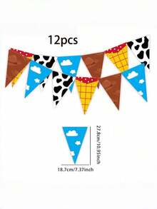 12 24 Piezas Conjunto de decoración para fiesta de cumpleaños con tema de dibujos animados, incluye banderines con nubes y cielo azul, banderines con estampado de vaca, pancarta de vaquero del oeste para decoración colgante en fiesta de cumpleaños, baby shower y suministros para fiestas - Multicolor - Ver 8