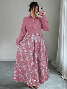 SHEIN Elenzya 大码女式法式休闲优雅刺绣花卉印花长袖连衣裙，秋冬款 - 藕粉色 - 查看 3