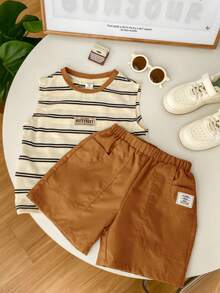 SHEIN 2pcs Young Boys' Casual Comfortable Versatile Striped Print Sleeveless Top And Solid Color Shorts Set - Brown - View 5