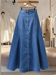 EMERY ROSE Plus Size Women's Spring/Summer Washed Denim Skirt - Medium Wash - View 2