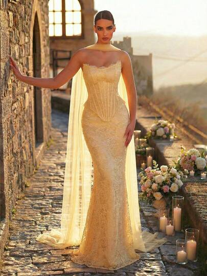 Glamrae Elegante y glamoroso vestido de noche de cola de sirena con cuello barco, mangas con puños y detalles de encaje y lentejuelas en color amarillo claro, para ocasiones formales