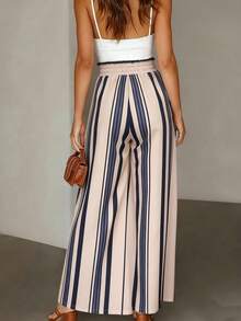 Pariaura 蓝白条纹纹理抽绳腰带口袋度假阔腿裤夏季女装 - 杏色 - 查看 2