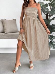 SHEIN 孕妇夏季休闲条纹A字无袖连衣裙 - 棕色 - 查看 5