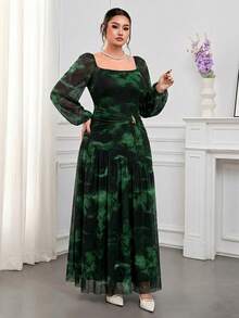 Modelyn Plus Size Elegant Floral Print Dress Fall - Dark Green - View 3