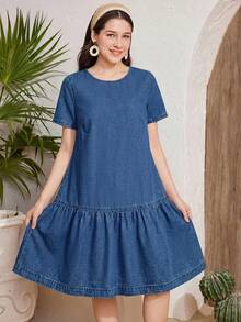 SHEIN Đầm denim xanh dáng rộng có dây rút dành cho thiếu nữ - Rửa tối - Xem 5