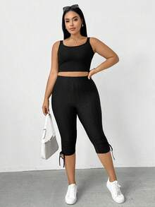 SHEIN Essnce 大码女装春夏时尚休闲高弹舒适日常百搭显瘦纹理面料黑色蝴蝶结打底裤、七分裤、街头风、夏季穿搭、女式下装、曲线裤 - 黑色 - 查看 7