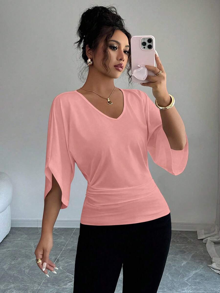Elenzga Casual Solid Color Batwing Sleeve V-Neck T-Shirt, Summer - Baby Pink - View 1