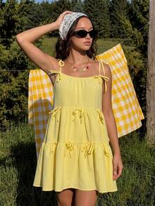 MainGRL Sweet Cute Yellow Tiered Spaghetti Strap Mini Dress With Bowknot Details, Boho Easter Vacation Summer Outfit For Women Ruffle Vacation Festival Outfits Women Dress Easter Dress Women,Summer Dresses For Women - Yellow - View 4